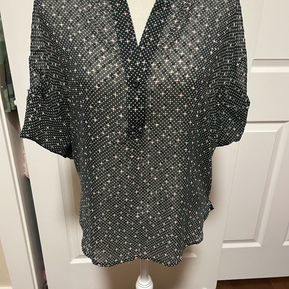Black Star Sheer Blouse with Cuffed Sleeves and Mandarin Collar